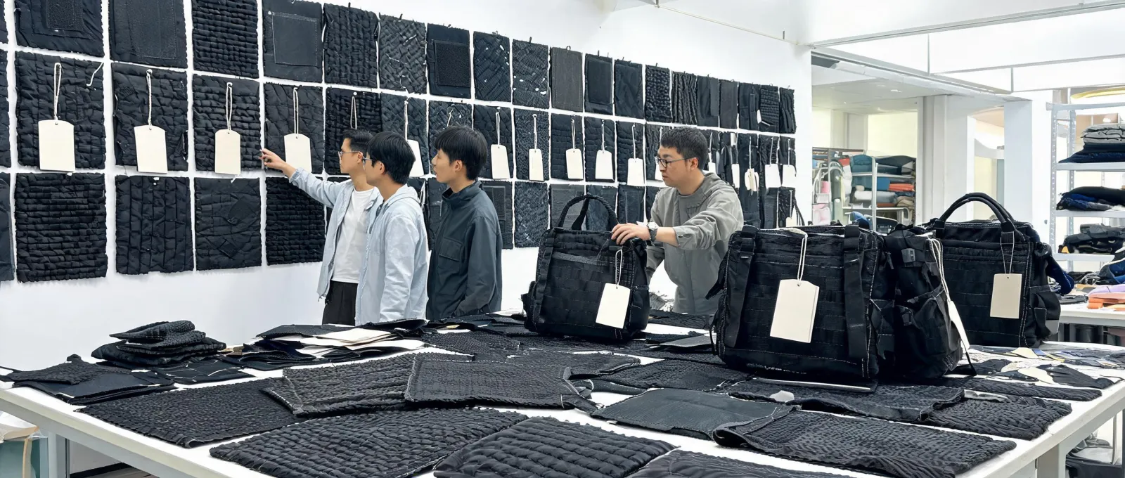 Material team reviewing rugged textile constructions